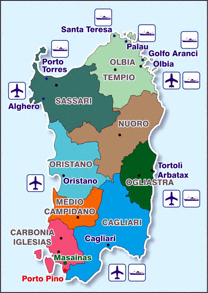 Карта портов и аэропортов Сардинии.